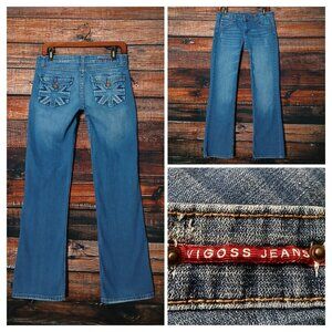 Vigoss Y2K Jeans 29 Low Rise Boot Cut Embroidered Distressed Blue Denim Stretch